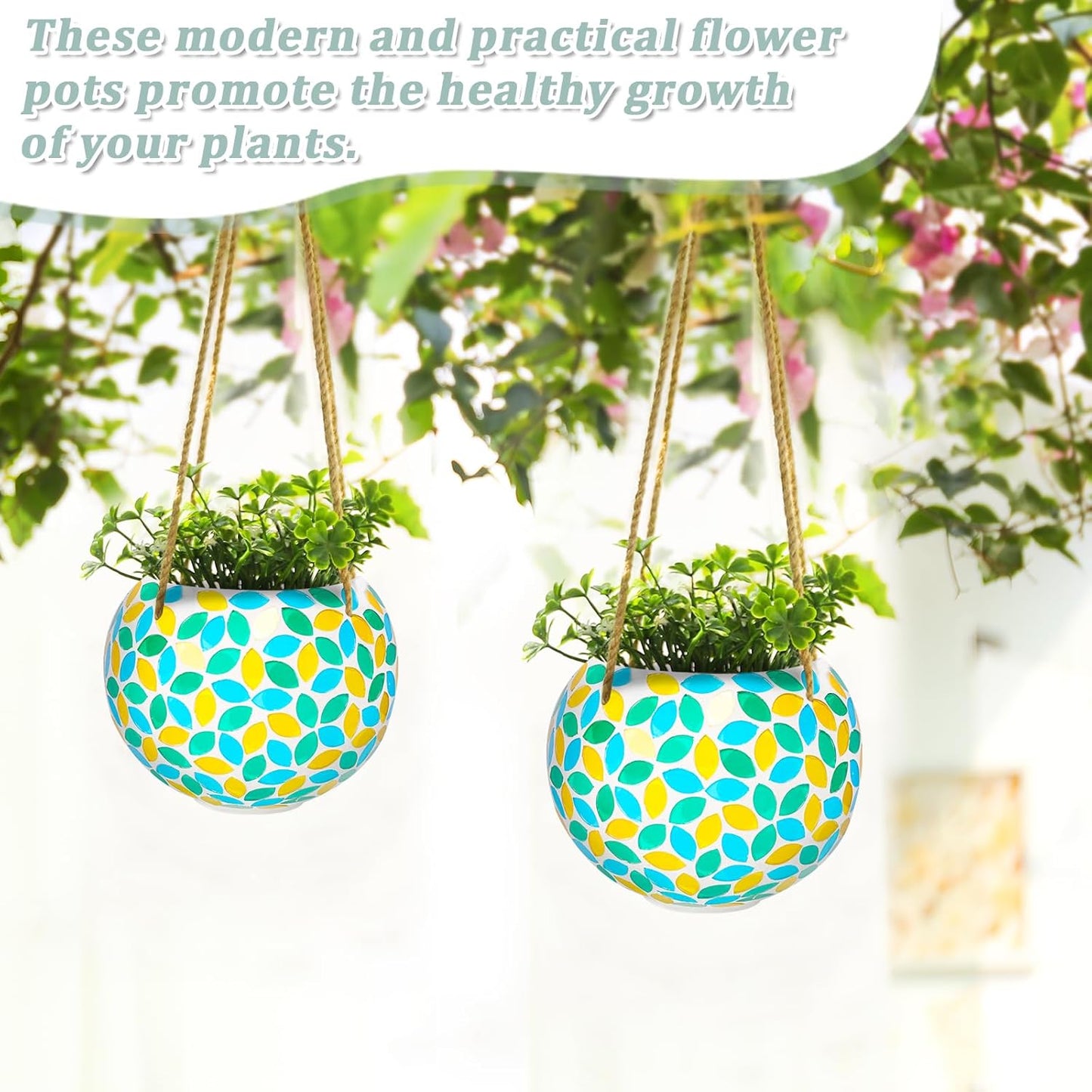 Hanging Planter Mosaic Garden Pot Small Flower Pot for Indoor Plant Disco Ball Hanging Planter with Drainage Green Yellow-VerdiqueGarden