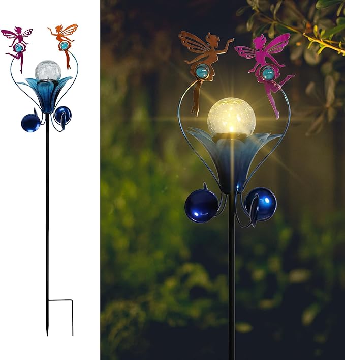 VCUTEKA Solar Lights Outdoor Metal Garden Stake Waterproof Crackle Glass Globe Garden Decor Fairy for Pathway, Lawn, Patio, Yard-VerdiqueGarden