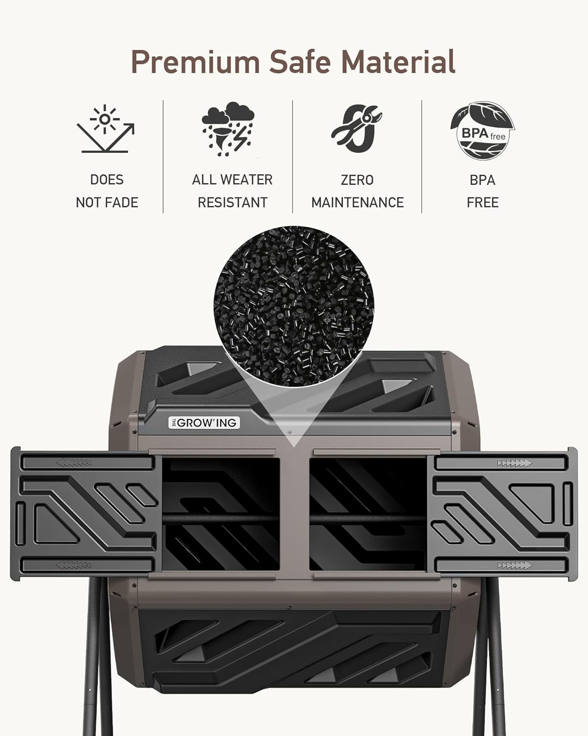 THEGROW'ING Updated 43 Gallon Compost Bin Outdoor, Fast Assemble Tumbling Composter, Dual Chamber Composter Tumbler, Rotating Compost Bin for Outside, Backyard, Garden and Yard, Coffee-VerdiqueGarden