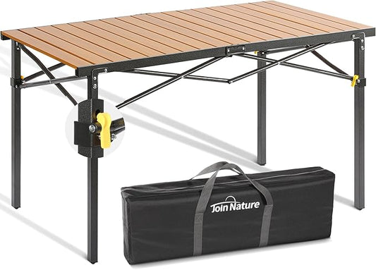Large 46.4" Camping Table for 2-6 People - 220lbs Capacity Heavy Duty Foldable Outdoor Table with Aluminum Roll-Up Top & Carry Bag, Portable Picnic Desk for BBQ, Tailgating, Backyard (Natural)-VerdiqueGarden