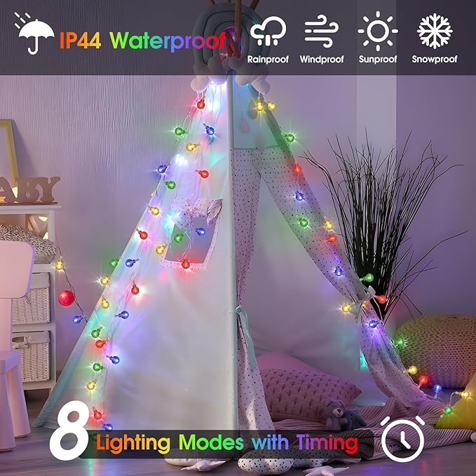 16.4ft 50LED Globe String Lights Indoor Bedroom Battery Operated, Crystal Fairy Light IP44 Waterproof Outdoor Hanging Decorative Lights for Home Tent Patio Garden Party Wedding Decor-VerdiqueGarden