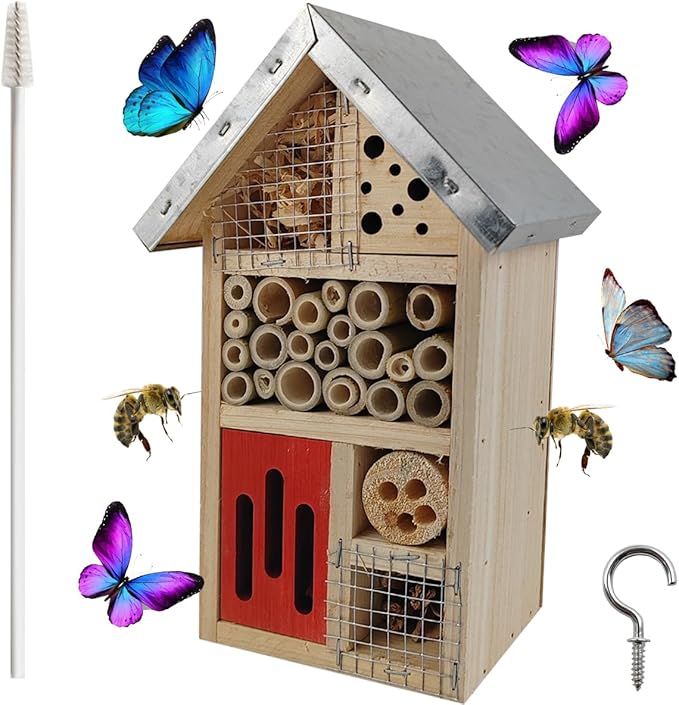 TIHOOD Natural Wooden Hanging Bee House for Gardens Natural Wooden Butterfly Hotel for Bee, Butterfly, Ladybirds, Habitat, Bee Hotel Garden-VerdiqueGarden