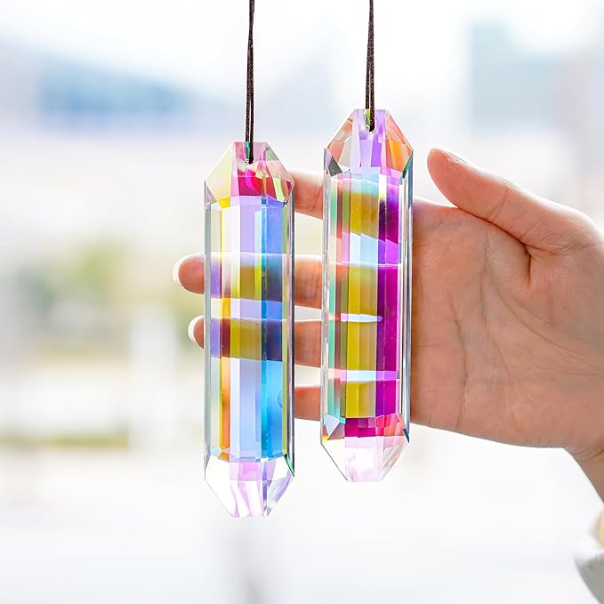 HDCRYSTALGIFTS 2PCS 5" Large Crystal Sun Catcher Prisms for Windows Indoor, AB Colored Hexagone Hanging Crystals Suncatchers, Rainbow Maker for Christmas,Patio,Chandelier,Garden Ornaments-VerdiqueGarden