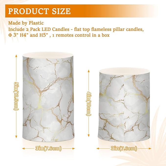 Flickering Flameless Candles, Marble Gray White Golden Texture LED Candles with Remote Timer, Set of 2 Battery Operated Candle for Valentine Wedding Birthday-VerdiqueGarden