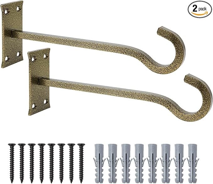 10 inch Heavy Duty Hanging Plant Bracket Decorative Wall Hook 2 Pack (Gold Hammertone)-VerdiqueGarden