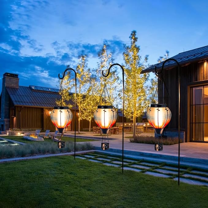 Starsoul Blue Hot Air Balloon Solar Lantern Glass Solar Hot Air Balloon Flickering Flame Hanging Garden Light Waterproof Solar Lamp Hot Air Balloon Garden Yard Farmhouse Decor-VerdiqueGarden