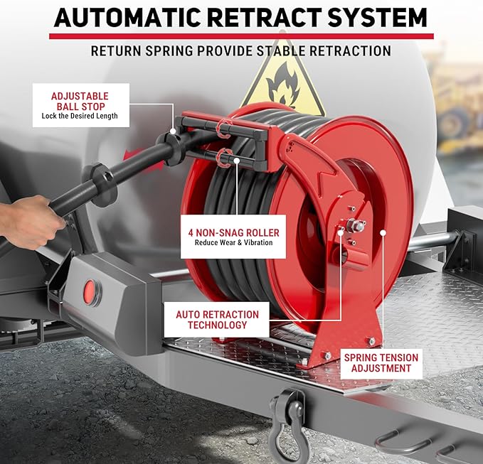 Retractable Diesel Fuel Hose Reel - 1 inch x 33ft Spring Driven Auto Swivel Rewind Hose Holder Reel with Fueling Nozzle, 300 PSI Industrial Steel for Aircraft Ship Vehicle Tank Truck, Red-VerdiqueGarden