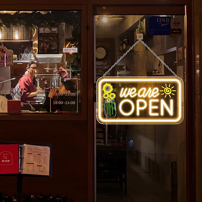Neon We Are Open Signs for Business, 16.5x9'' Open Sign with Printed Flower and Sun, with ON/OFF Switch & Adapter, Warm White, Ideal for Window, Party, Wall, Bars, Coffee Shops, Salons, Clubs, Hotels-VerdiqueGarden