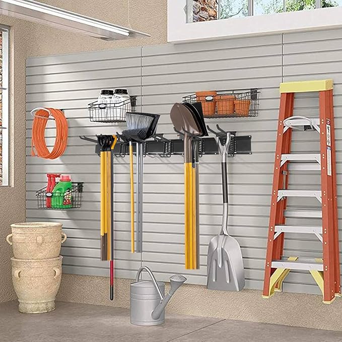 Garage Storage Rack Hooks, 48 Inch Heavy Duty Wall Mount Garage Organization with 3 Rails and 6 Adjustable Double Wall Hooks,Hanging Shelves for Garden Tool/Broom/Mop(Black)-VerdiqueGarden