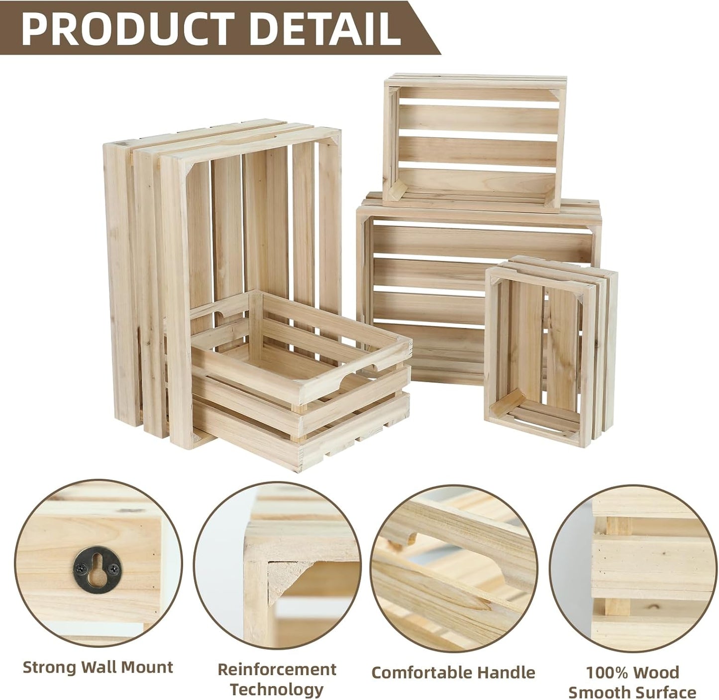 Wooden Crates, Unfinished Set of 5 Large Wood Crates with Handles, Rustic Farmhouse Wooden Crate for Decor, Wedding Birthday Home Party Living Room Kitchen Decoration-VerdiqueGarden