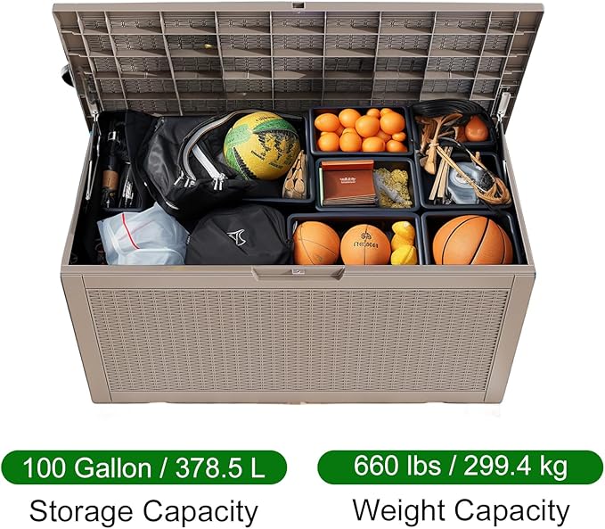 100 Gallon Resin Deck Box, Lockable Patio Outdoor Storage Box for Furniture, Garden Tools and Tools Storage, Waterproof Outside Storage Box - Grey-VerdiqueGarden
