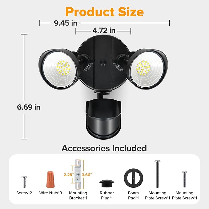 UME LED Security Light Motion Sensor Outdoor Lights, 27W 3000LM, 5000K, IP65 Waterproof, Dusk to Dawn, 2 Head Motion Detector Flood Light for Outside, Garage, Yard (Black)-VerdiqueGarden