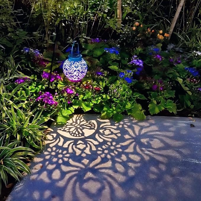 2 Pack Outdoor Solar Hanging Lantern Lights Metal LED Decorative Lamp for Garden Patio Courtyard Lawn and Table with Hollowed-Out Design (Royal Purple)-VerdiqueGarden