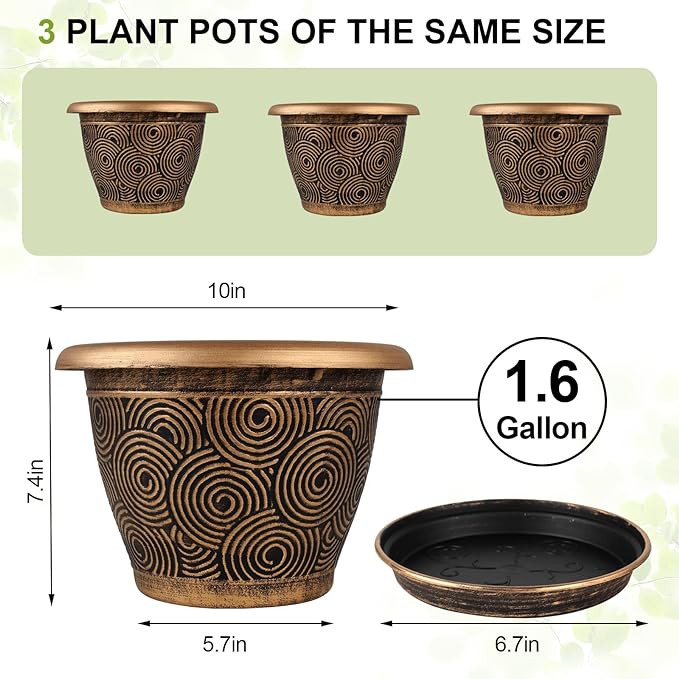 10 Inch Flower Pots Planters for Indoor Outdoor Plants, 3 Pack Plastic Large Plant Pots with Drainage Hole & Tray, Modern Decorative Garden Pot with Saucer, Plant Container for House-VerdiqueGarden