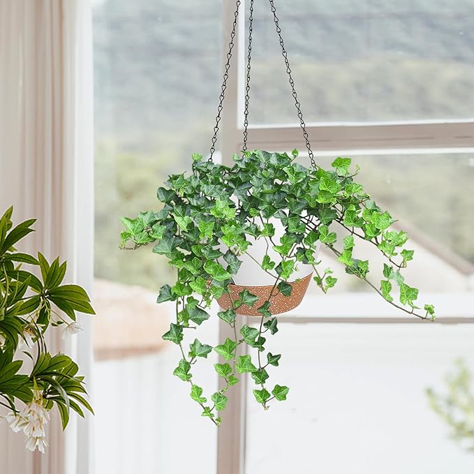 10/9/8 Inch Hanging Planter for Indoor Outdoor Plants, 3 Pack Self-Watering Hanging Pot with Drainage Holes Hanging Planter Baskets Plant Pots with Removable Tray (White+Brown)-VerdiqueGarden
