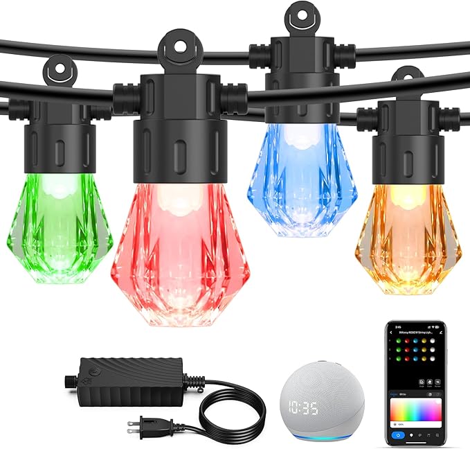 XMCOSY+ 48FT Smart Outdoor String Lights - RGBCWIC Dimmable Acrylic Bulbs, Color Changing LED Patio Lights APP WiFi Control, Compatible with Alexa, IP65 Waterproof Outside Lights for Yard Porch-VerdiqueGarden