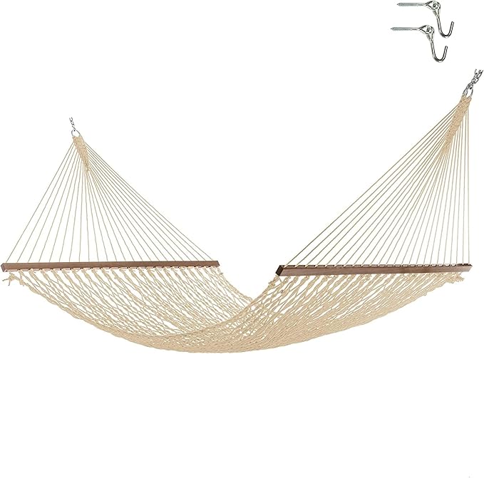Hatteras Hammocks Deluxe Oatmeal Duracord Rope Hammock with Free Extension Chains & Tree Hooks, Handcrafted in The USA, 450 LB Weight Capacity, 13 ft. x 60 in-VerdiqueGarden