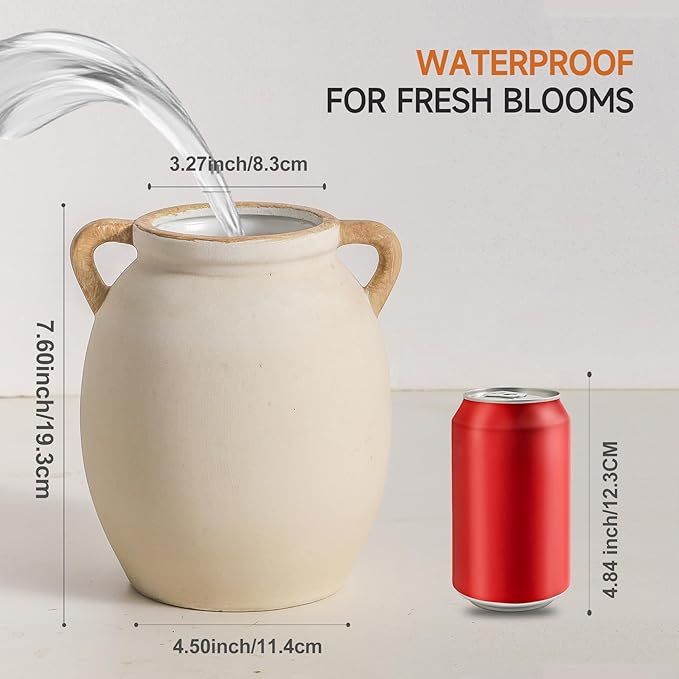 Ceramic Flower Vase 7.6 inch Farmhouse Rustic Vase Decorative Pottery Terracotta Vases for Home Decor Table Mantle Fireplace Living Room Bathroom Wedding Centerpiece-VerdiqueGarden