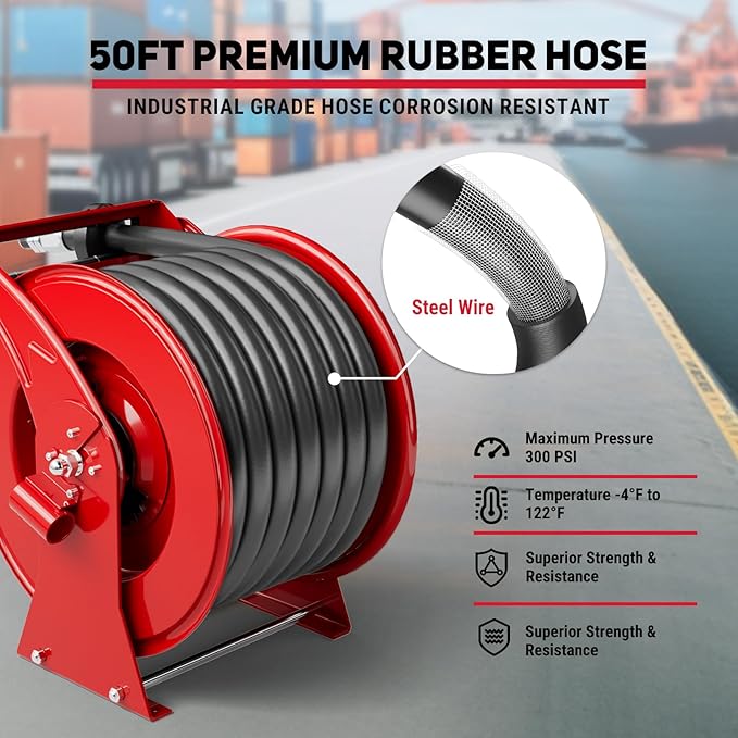 Fuel Hose Reel 1" x 50FT Extra Long Retractable Diesel Reel 300 PSI Auto Swivel Rewind Diesel Hose Reel with Fueling Nozzle Industrial Carbon Steel for Vehicle Tank Truck Trailer Ship, Red-VerdiqueGarden
