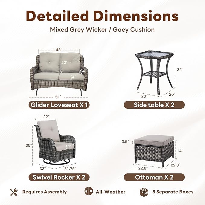 Outdoor Patio Furniture Set - 7 Piece Gray Wicker Conversation Patio Furniture Set All Weather Swivel Chairs with Ottoman and Loveseat Glider Chair for Deck Balcony Backyard-VerdiqueGarden