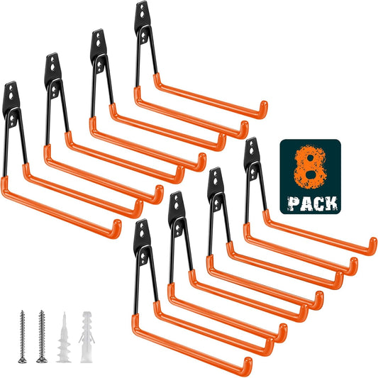 Heavy Duty Garage Hooks 8 Pack, 7.7 inch U Shaped Long Hanger, Wall Mounted Storage System, Power and Garden Tool Organizer, for Hanging Ladders, Bikes, Hose, Bulk Items and More-VerdiqueGarden