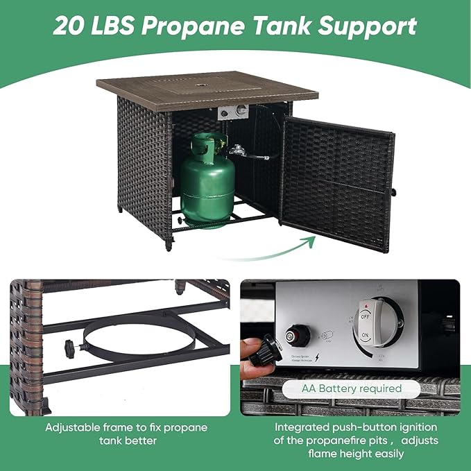 5 Pieces Patio Wicker Furniture Set - 4 Outdoor Swivel Rocker Glider Chairs with 50000BTU Propane Fire Pit Table, Warm Patio Conversation Set Red Cushion Perfect for Casual Gathering-VerdiqueGarden