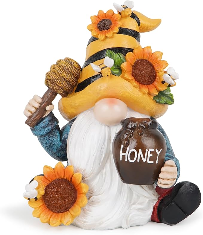 Hodao Spring Resin Garden Bumble Bee Themed Gnome Decorations-Solar-Powered Radiance-Honey Gnomes World Day Gifts Summer Lawn Garden Porch Sculptures & Statues Decorations-VerdiqueGarden