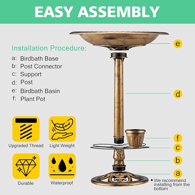 Bird Bath for Outside with 4 Removable Flower Planters 28in Polyresin Lightweight Vintage Birdbath for Outdoors Stake Standing Bowl and Water Feeder Yard Garden Decor Bronze-VerdiqueGarden