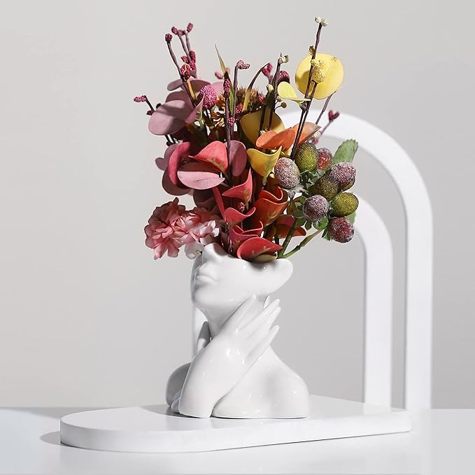 XSMXLNKWL Ceramic Face Vase White Flower Vase for Decor, Female Face Vase Art, Modern Decorative Vase Centerpiece for Table, Shelf, Living Room, Office, Bedroom, Small-VerdiqueGarden