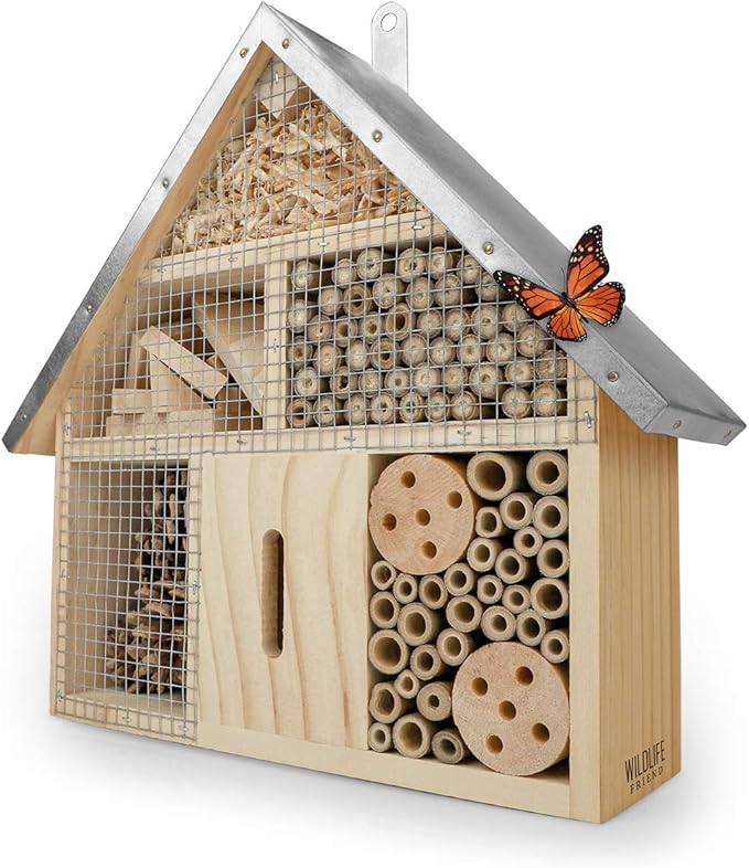Insect Hotel - Pollinator House and Bug Condo for a Snug Home Outdoors - Garden Habitat for Bees, Ladybugs, and Butterflies - Natural Wood and Metal Construction - 10 x 3X 11 inches-VerdiqueGarden
