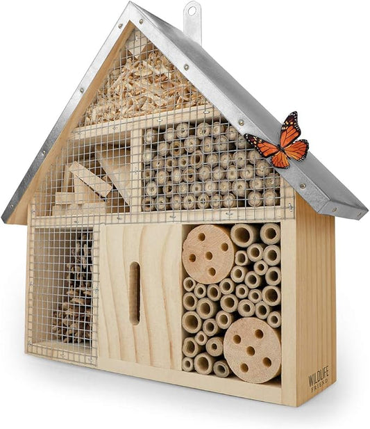 Insect Hotel - Pollinator House and Bug Condo for a Snug Home Outdoors - Garden Habitat for Bees, Ladybugs, and Butterflies - Natural Wood and Metal Construction - 10 x 3X 11 inches-VerdiqueGarden