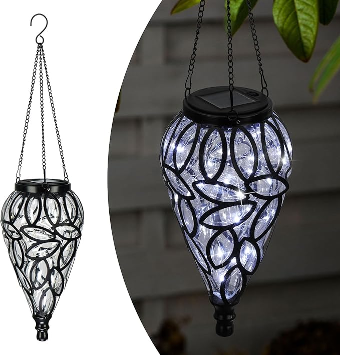 Solar Hanging Lantern Outdoor Lights, Tear-Shaped 15 LEDs Cool White Hanging Lights with S Hooks Decor in Garden, Yard, Pathway, Front Door and Landscape-VerdiqueGarden