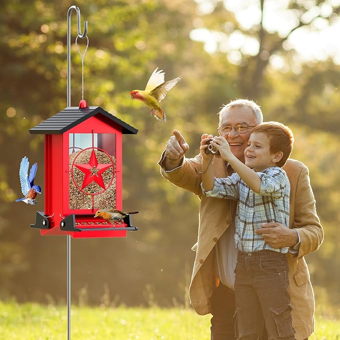 Squirrel Proof Bird Feeder for Outdoors Hanging, Metal Wild Bird Seed Feeder with Bilateral Weight-Activated Perches, 5LB Large Capacity Wild Bird Feeders for Outside Finch, Cardinal, Blue Jay-VerdiqueGarden