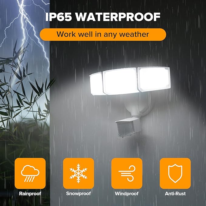 UME 2 Pack 5500LM LED Security Lights Motion Sensor Light Outdoor, 49W, 5000K Daylight, IP65 Waterproof, Dusk to Dawn, 3 Head Motion Detected Flood Light for Garage, Yard, Porch (White)-VerdiqueGarden