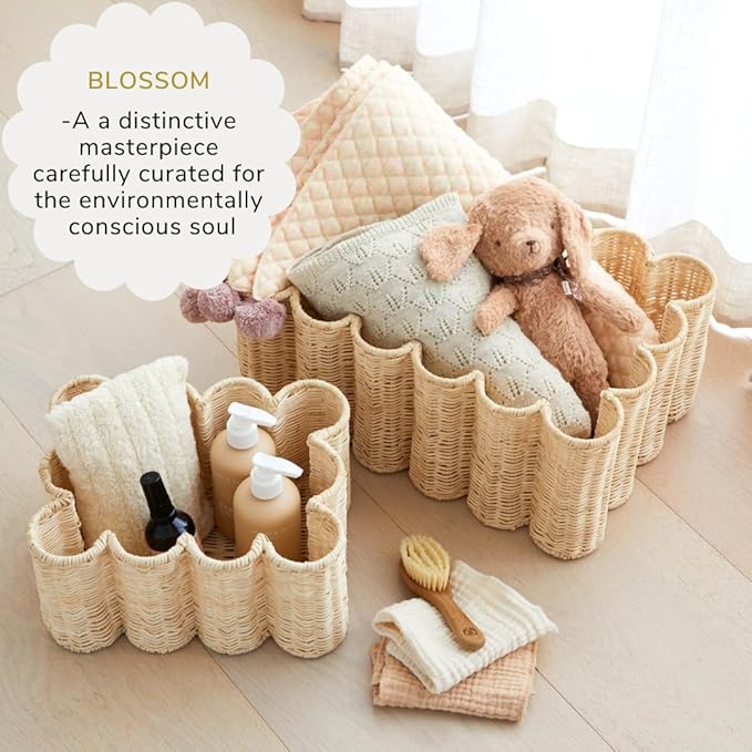 BEBE BASK Unique Wavy Scalloped Basket Set Of 2 - Scallop Basket - 16 x 10 x 7 In - Hand-Woven Elegant Wicker With Scalloped Edge Lid - Nursery Storage - (Earthy)-VerdiqueGarden