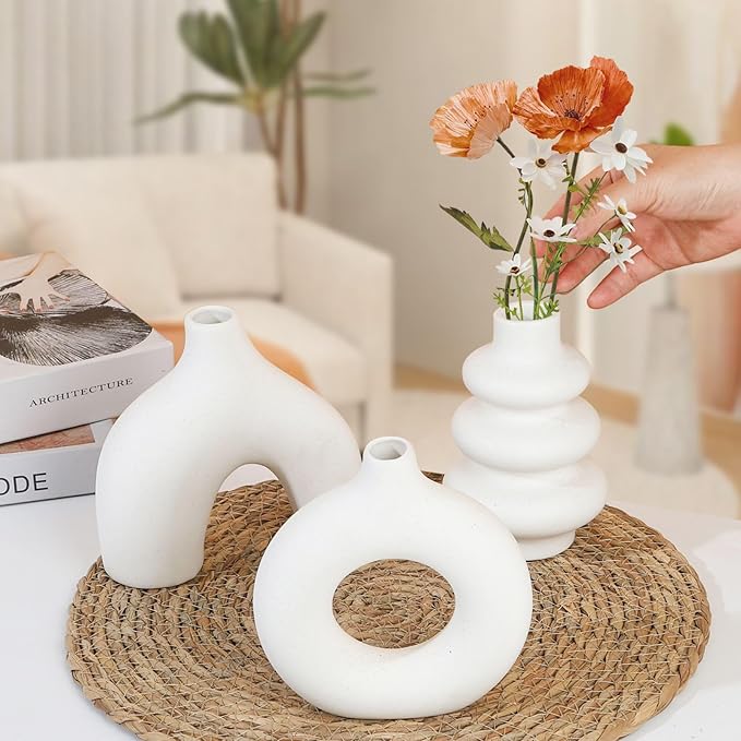 Ceramic Vase Set of 3, Small Flower Vase for Home Decor, Decorative Vases for Pampas Grass & Dried Flowers, Living Room, Bedroom, Bathroom, Shelf Centerpiece Table Decorations-VerdiqueGarden