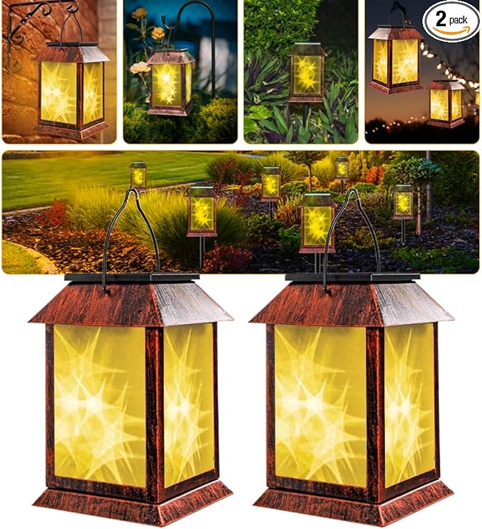 Solar Lanterns Outdoor Waterproof Upgraded Flashing Mode Solar Lantern Outdoor Lights Vintage Medieval Decor 3D Starry Hanging Outdoor Lanterns Lights Stake Lights for Yard Garden Decor（2PCS）-VerdiqueGarden