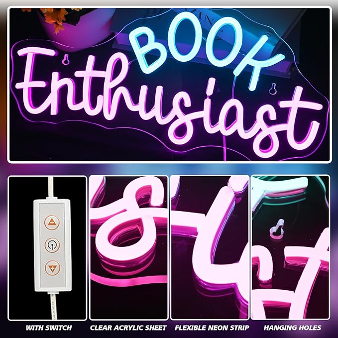 Book Enthusiast Neon Sign Wall Decor,Neon Light Bedroom Wall Decor Suitable Indoor Light for Classroom Book Party Library Reading Room Decoration Bookish Gifts-VerdiqueGarden