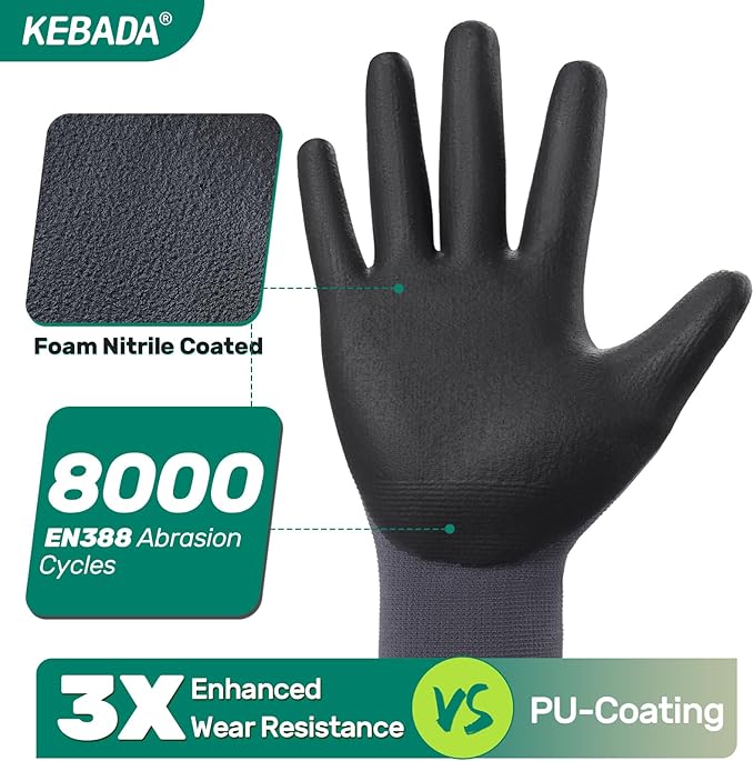 Kebada Work Gloves for Men and Women, Foam Nitrile Coated Safety Gloves with Grip, Ideal for Warehouse Package Handling, Gardening, Mechanic and Construction, XS-VerdiqueGarden