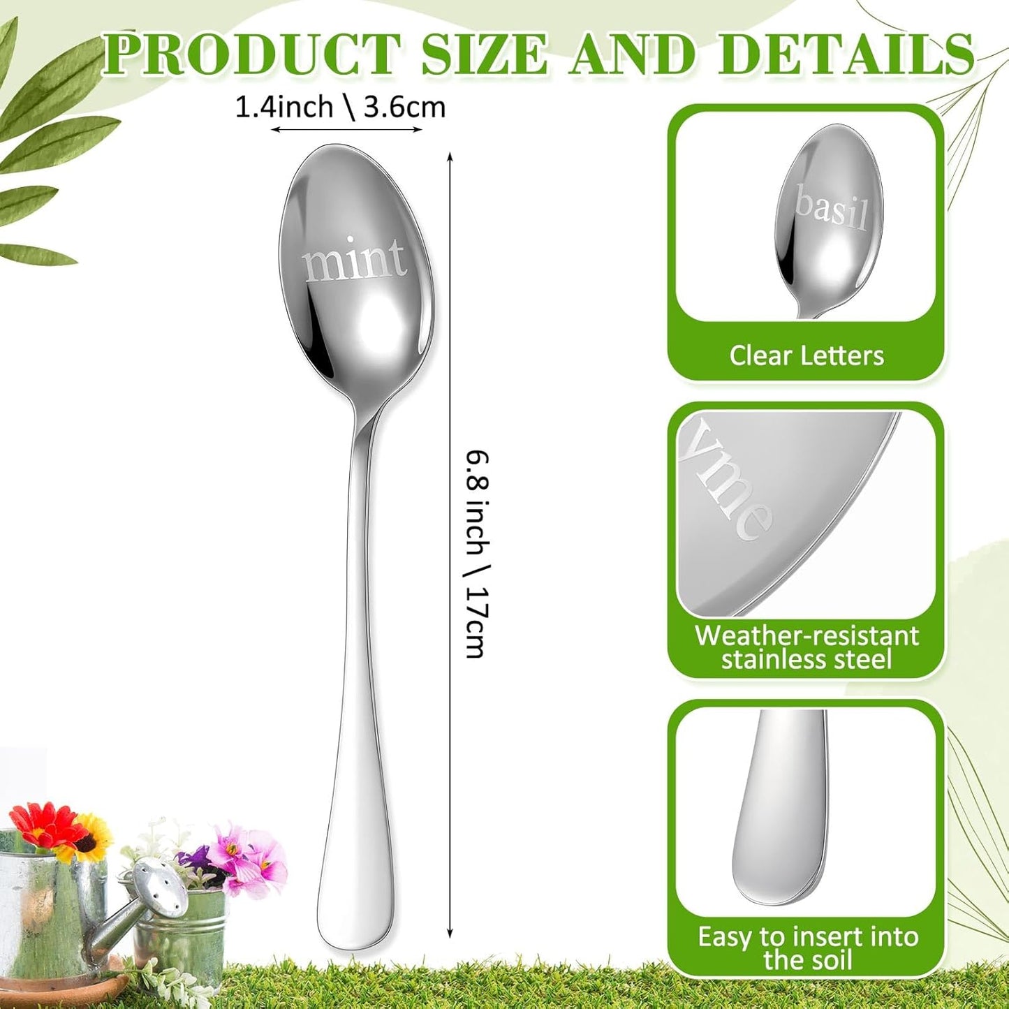 Bucherry 12 Pcs Metal Plant Label Signs, Spoon Shape Planted Herb Markers Garden Labels with Herb Names for Nursery Indoor Outdoor Garden Decoration, Stainless Steel, 12 Styles, 6.8" x 1.4"-VerdiqueGarden