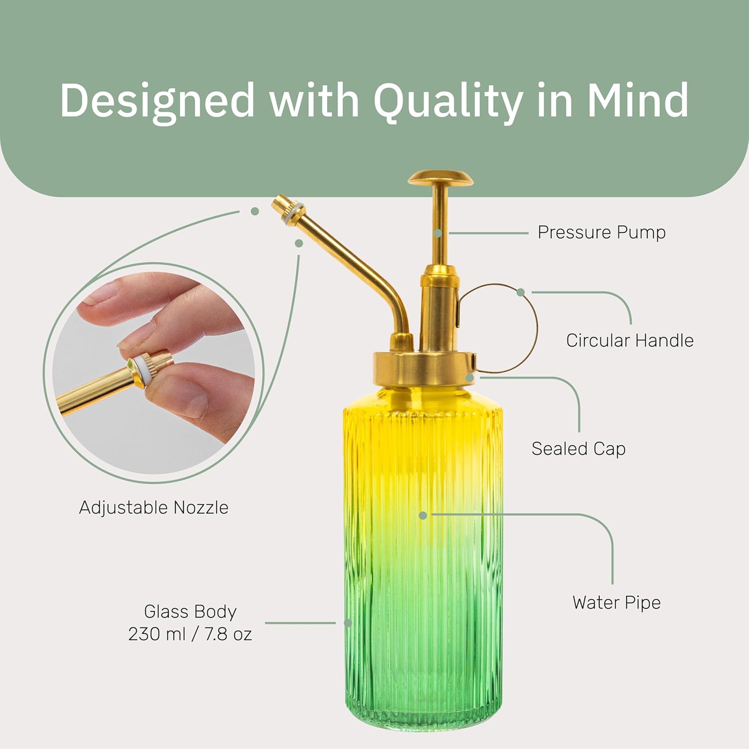 Useful Co. Yellow & Green Glass Plant Mister for inside, Mister for Plants, Plant Sprayer Mister, Decorative Plant Mister Spray Bottle with Adjustable Nozzle for indoor plants (230ml/ 7.8oz)-VerdiqueGarden