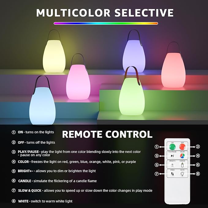 uuffoo Portable Outdoor Table Lamp, Dimmable Cordless Lamp with Remote and 7 RGB Colors IP44 Waterproof Hanging Lamp Indoor/Outdoor Night Lamp Lantern for Bedroom Garden Dining Camping-VerdiqueGarden