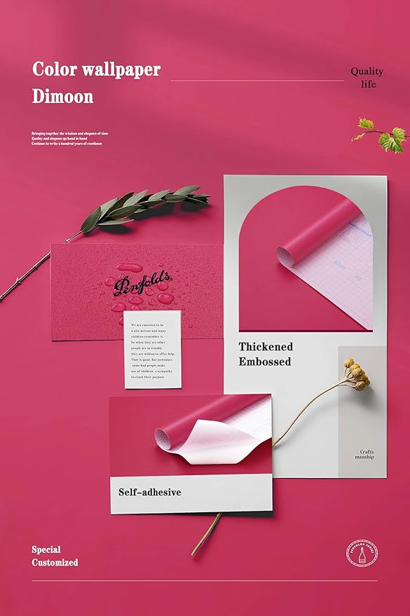 Dimoon 118''x17.7'' Pink Peel and Stick Wallpaper Contact Paper Modern Self Adhesive Wall Paper Removable Renter Friendly Textured Solid Color Shelf Cabinet Vinyl Roll (118''x17.7'',Rose Red)-VerdiqueGarden