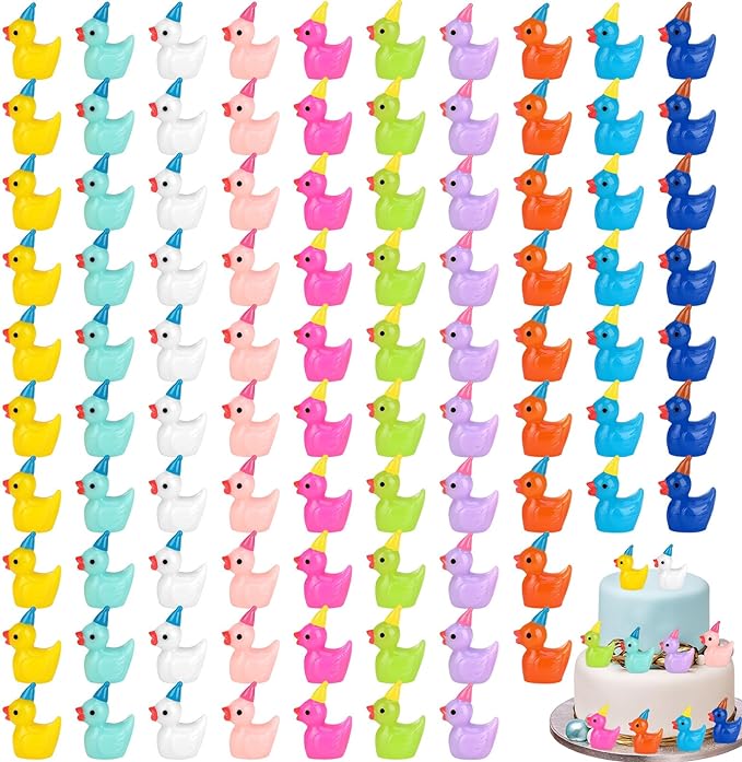 100 Pack Mini Resin Ducks, Multicolor Mini Ducks Wearing Party Hat, Tiny Duck Miniature Duck Figures Tiny Home Ornament for Micro Landscape Dollhouse Garden Aquarium Potted School Office-VerdiqueGarden