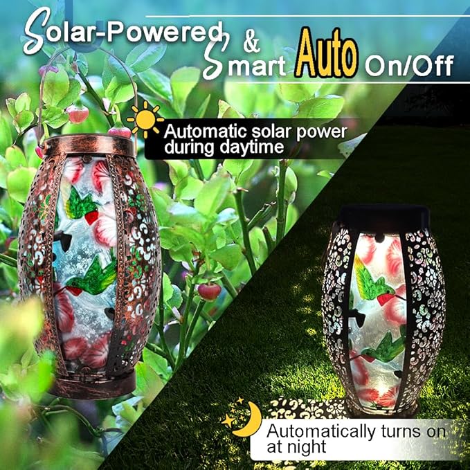 Hummingbird Solar Lanterns Glass & Metal Hanging Lantern Outdoor Waterproof 16" H Tabletop Light with Hollowed-Out Design for Garden Patio Table Decor Mother's Day Gift-VerdiqueGarden
