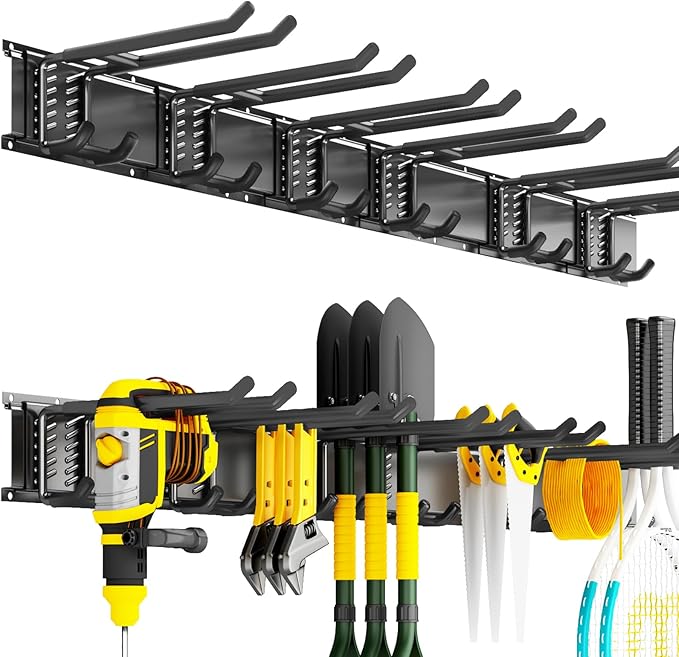 Garage Organization Tool Organizer Wall Mount, 48inch Heavy Duty Garden Tool organizer Storage System, Easy Install With 6 Adjustable Bilayer Hooks, For Garage, Basement, Shed, Workshop(Black)-VerdiqueGarden