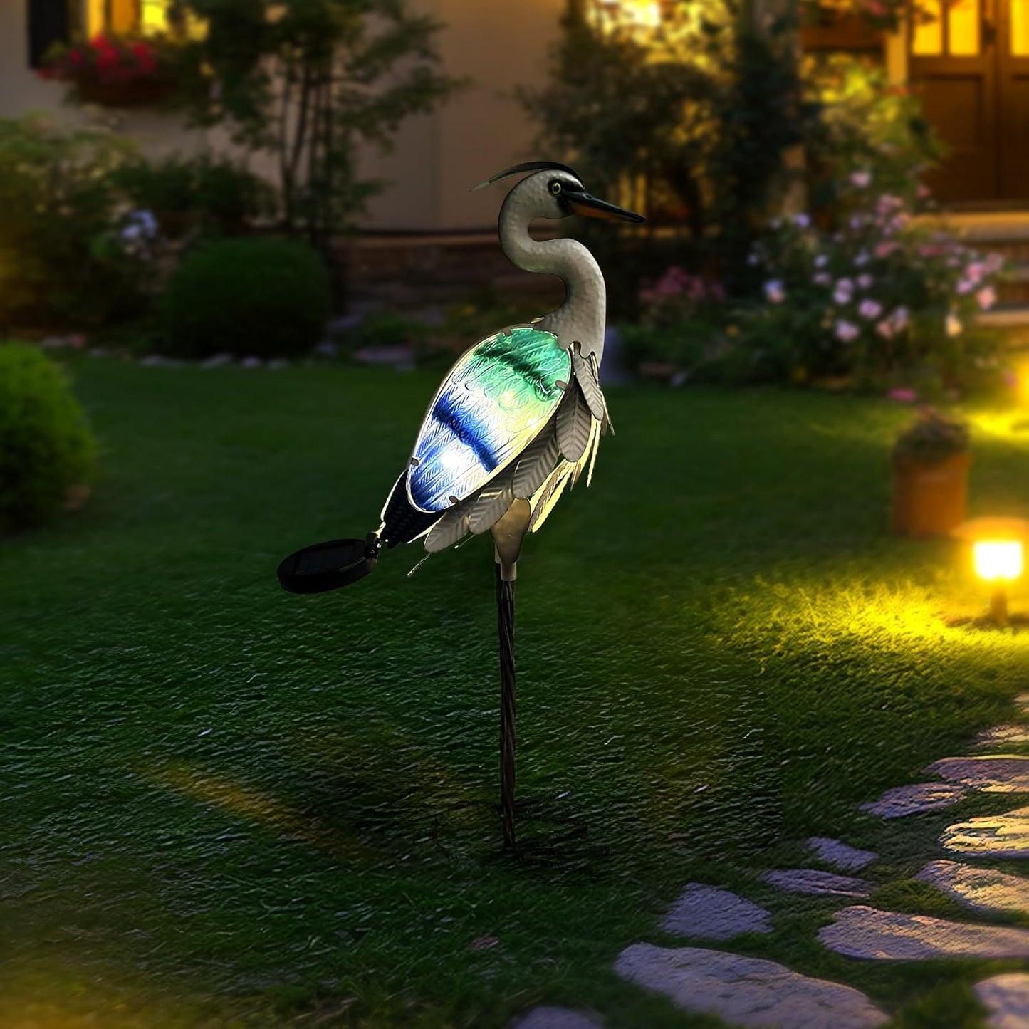 HONGLAND Solar Metal Crane Statue Garden Heron Sculpture, Glass Outdoor Heron Yard Art Coastal Ocean Bird Decor Lawn Ornament for Backyard Porch Patio Decor（24 Inch）-VerdiqueGarden