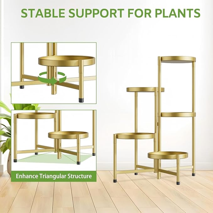 iDavosic.ly 5 Tier Large Plant Stand Indoor, 10 Inch Wide Tall Corner Metal Plant Stands Outdoor for Multiple Plants, Folding Tiered Flower Display Holder Rack Shelf, Gold-VerdiqueGarden