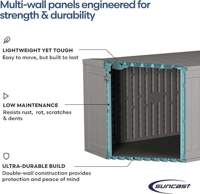 Suncast 120-Gal. All-Weather Patio Deck Box with Pad-Lockable Split Top Lid, Extra-Large Outdoor Storage Unit for Patio Furniture and Grill Tools, Made in the USA-VerdiqueGarden