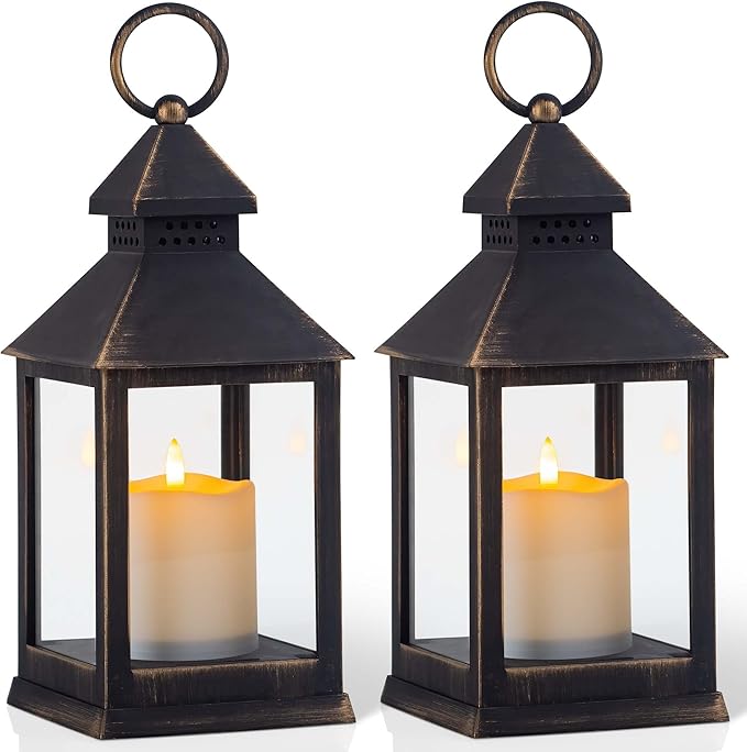 Vintage Golden Brushed Black Lantern Decorative LED Flickering Flameless Candle with Timer, Battery Powered LED Decorative Hanging Lanterns for Indoor Outdoor Garden Yard Home Decor(2 Pack)-VerdiqueGarden